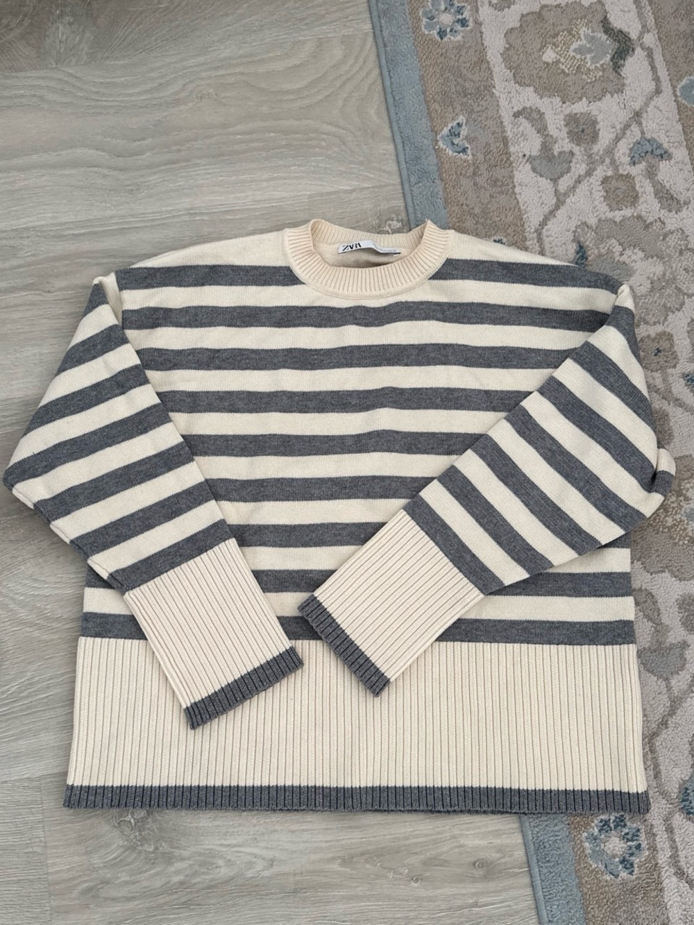 Zara Striped Cream and Gray Knit Sweater